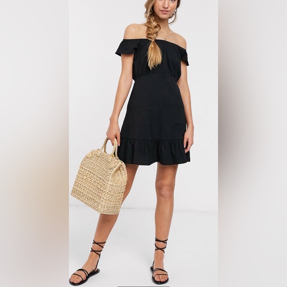 ASOS DESIGN off the shoulder mini
sundress with pep hem in black - Picture 2 of 8